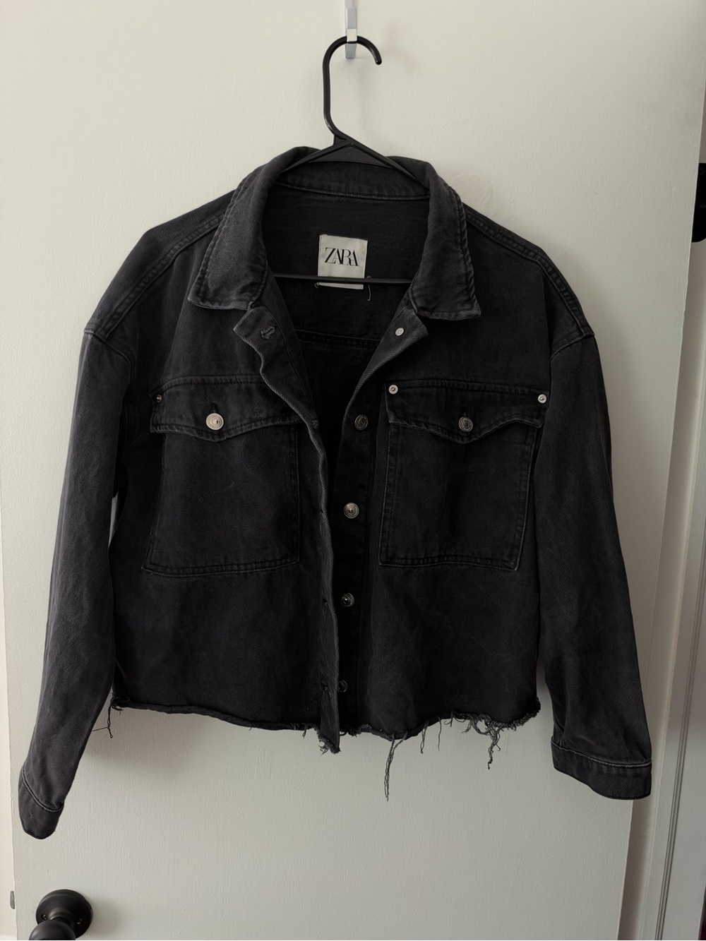 ZARA Washed Black Denim Jacket with Frayed Hem